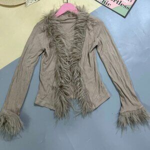 Taupe Feather Trim Ribbed Cardigan Glam Open Front Top